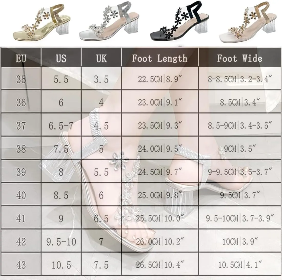 Women's Flower Rhinestone Block Heel Sandals, Rhinestone Sandals for Women, Clear Block Heels, Party Wedding Low Sandals