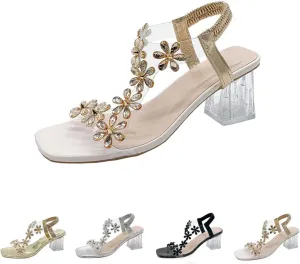 Women's Flower Rhinestone Block Heel Sandals, Rhinestone Sandals for Women, Clear Block Heels, Party Wedding Low Sandals