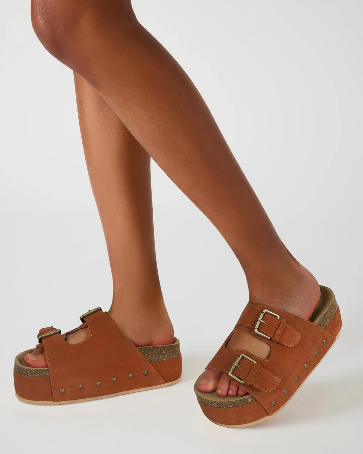 Womens Genuine Leather Cork Platform Sandals Adjustable Buckle Straps Band Suede Clogs Platform Slip on Flatform Sandals