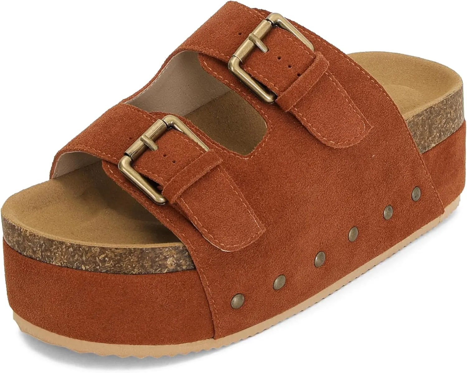 Womens Genuine Leather Cork Platform Sandals Adjustable Buckle Straps Band Suede Clogs Platform Slip on Flatform Sandals