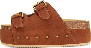 Womens Genuine Leather Cork Platform Sandals Adjustable Buckle Straps Band Suede Clogs Platform Slip on Flatform Sandals