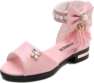 Women's Girl's Bowknot Sandals,Pearl Princess Shoes Rhinestone Summer Shoes Tassel Fashion Flat Shoes Comfortable Soft Bottom Shoes