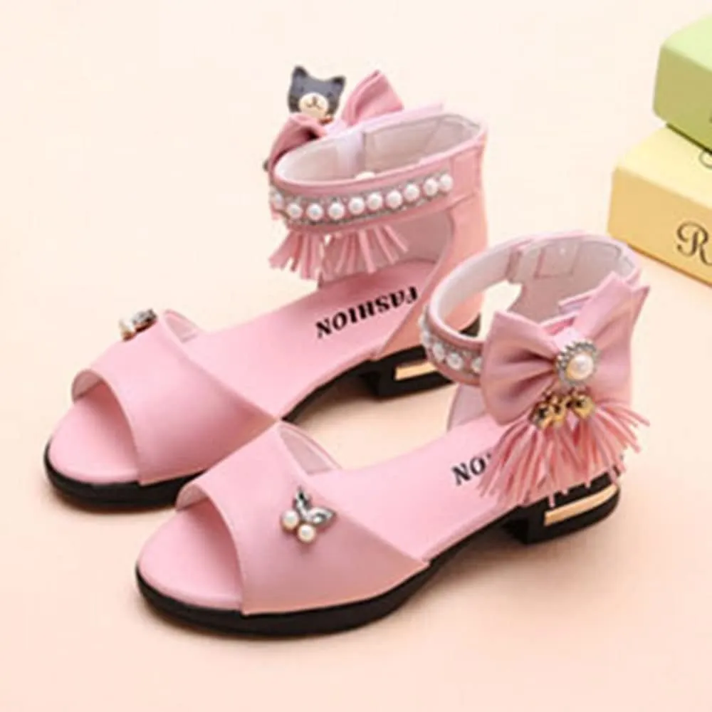 Women's Girl's Bowknot Sandals,Pearl Princess Shoes Rhinestone Summer Shoes Tassel Fashion Flat Shoes Comfortable Soft Bottom Shoes