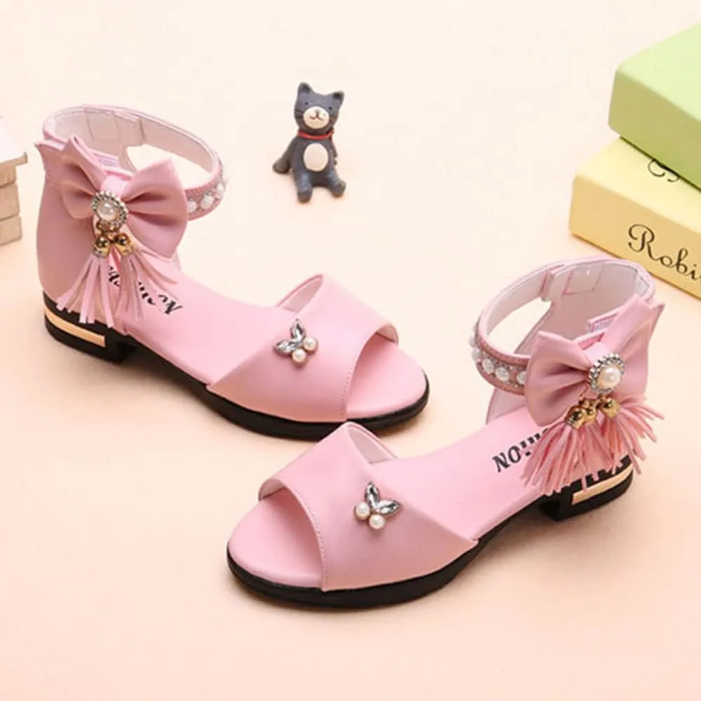 Women's Girl's Bowknot Sandals,Pearl Princess Shoes Rhinestone Summer Shoes Tassel Fashion Flat Shoes Comfortable Soft Bottom Shoes