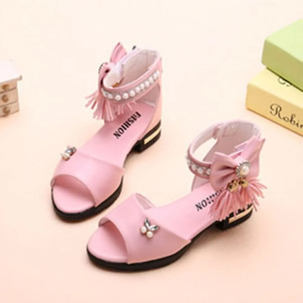 Women's Girl's Bowknot Sandals,Pearl Princess Shoes Rhinestone Summer Shoes Tassel Fashion Flat Shoes Comfortable Soft Bottom Shoes