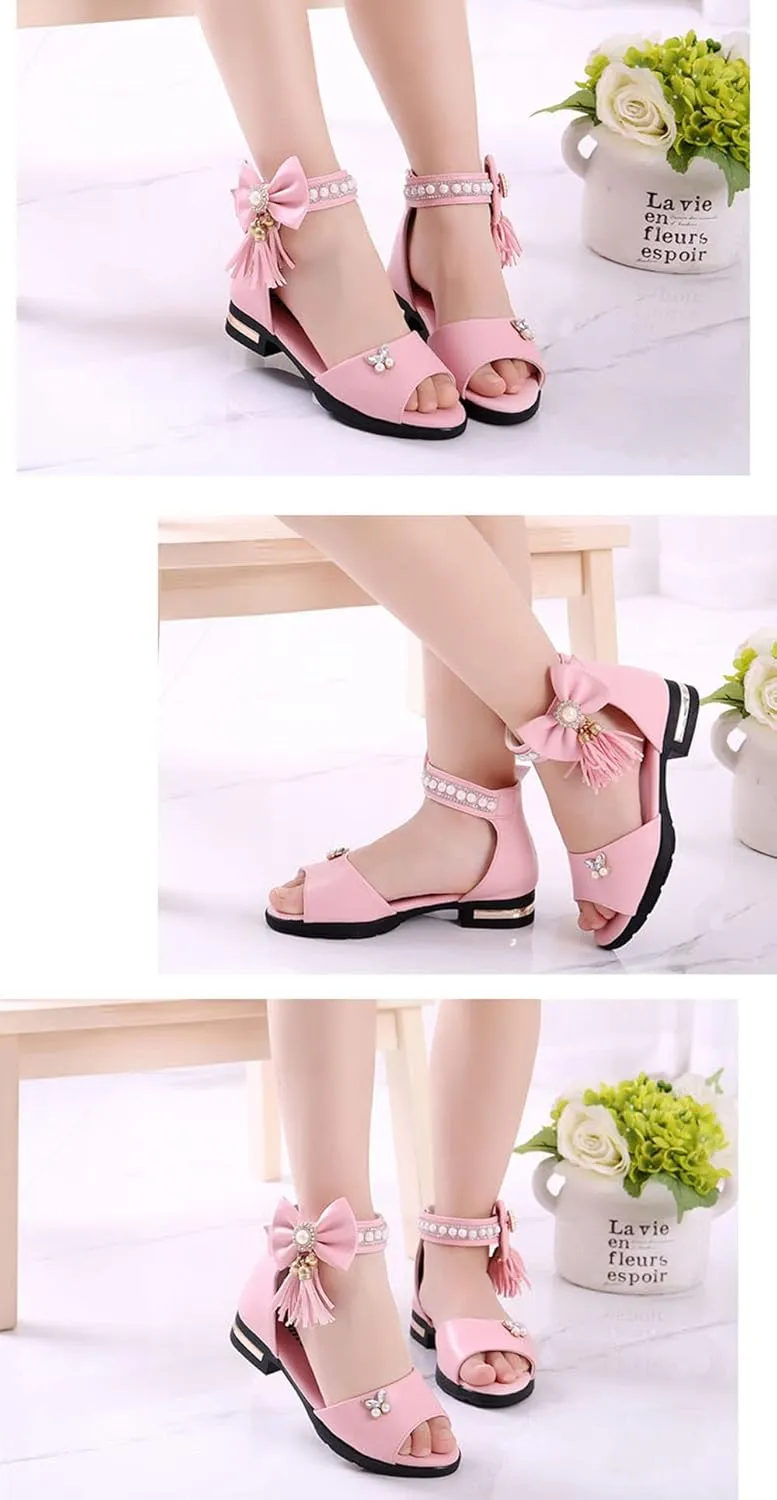 Women's Girl's Bowknot Sandals,Pearl Princess Shoes Rhinestone Summer Shoes Tassel Fashion Flat Shoes Comfortable Soft Bottom Shoes