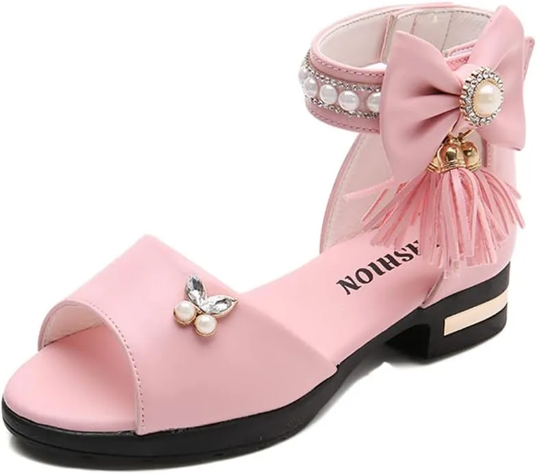 Women's Girl's Bowknot Sandals,Pearl Princess Shoes Rhinestone Summer Shoes Tassel Fashion Flat Shoes Comfortable Soft Bottom Shoes