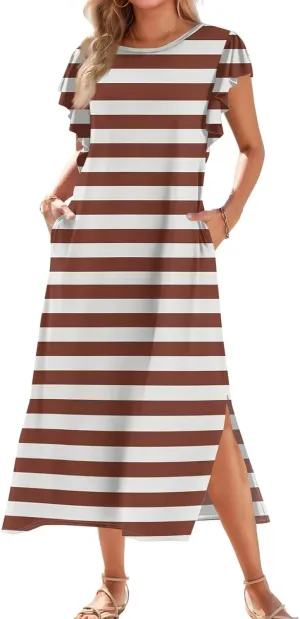 Women's Gradient Color Maxi Dress with Ruffle Sleeves and Pockets Casual Loose Fit Summer Beach Sundress