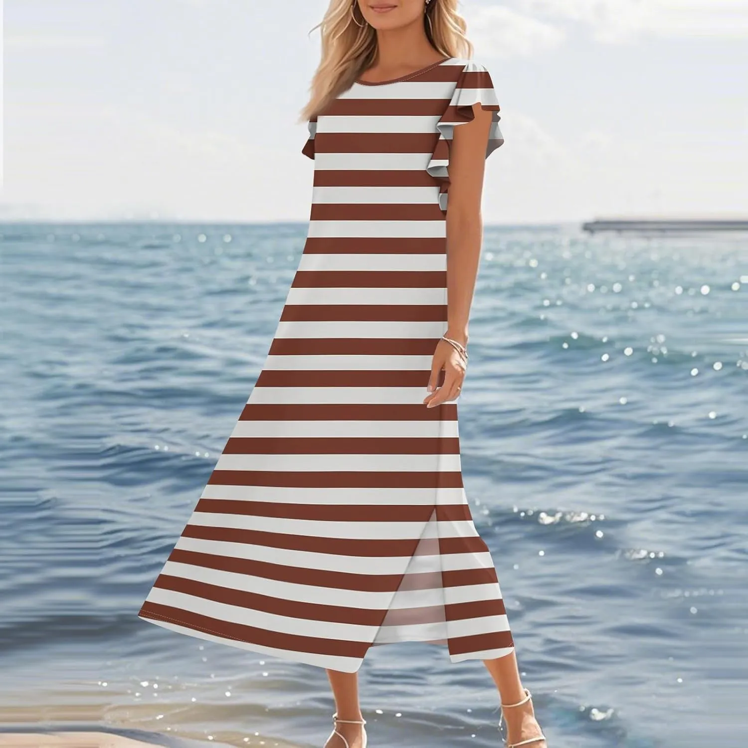 Women's Gradient Color Maxi Dress with Ruffle Sleeves and Pockets Casual Loose Fit Summer Beach Sundress
