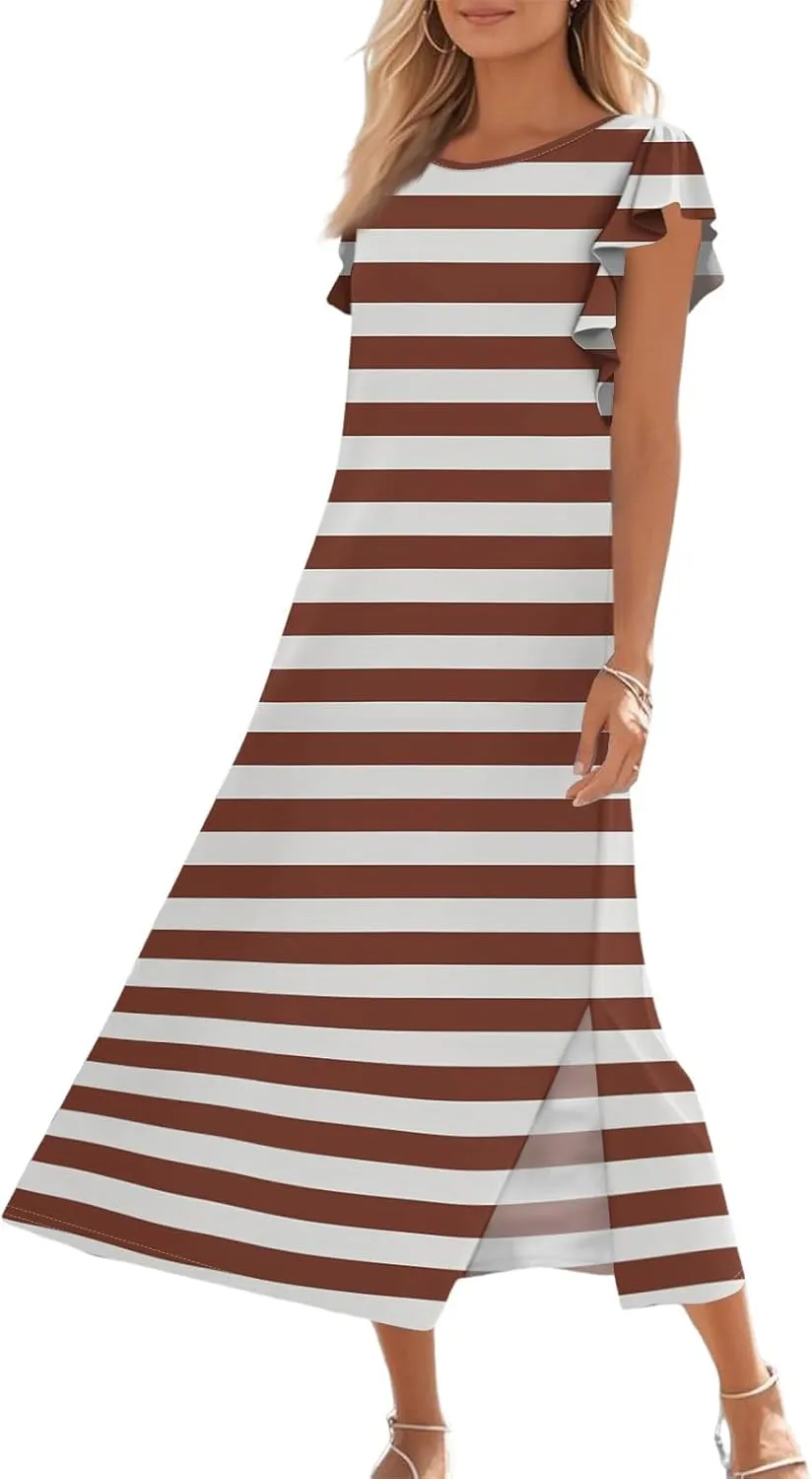Women's Gradient Color Maxi Dress with Ruffle Sleeves and Pockets Casual Loose Fit Summer Beach Sundress