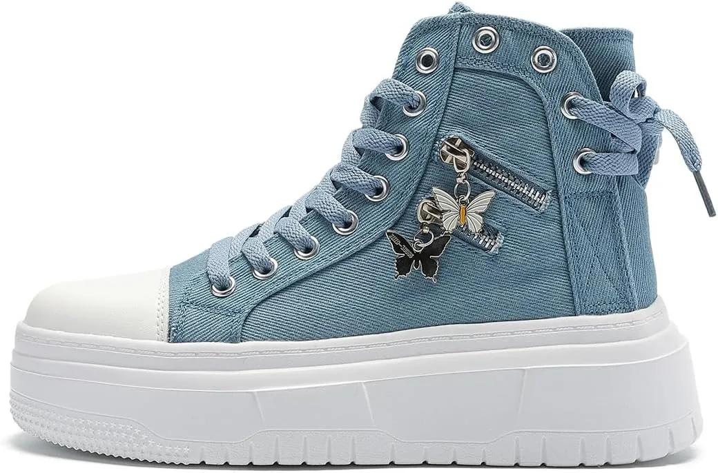 Womens High Top Sneakers Platform Metal Zipper Canvas Shoes Casual Lace up Sneakers