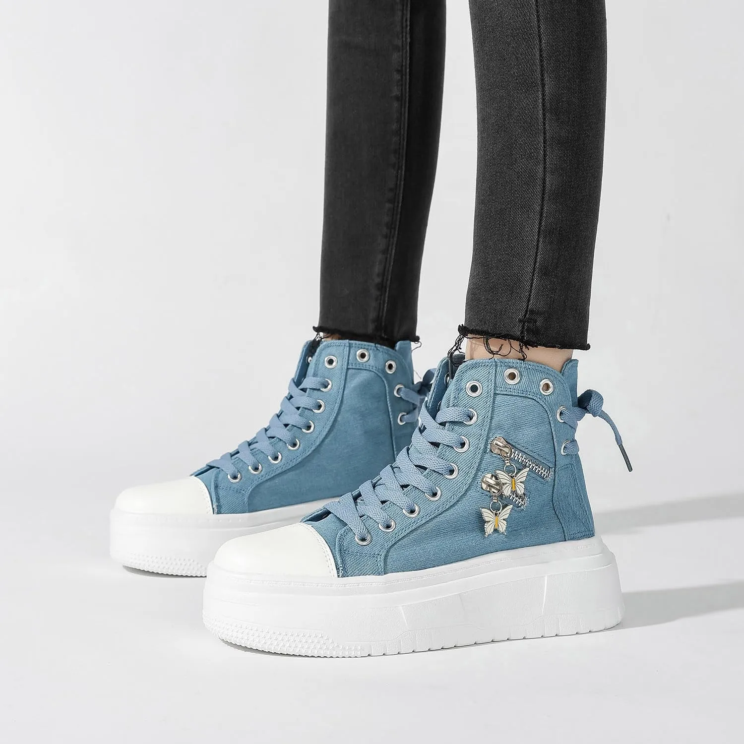 Womens High Top Sneakers Platform Metal Zipper Canvas Shoes Casual Lace up Sneakers