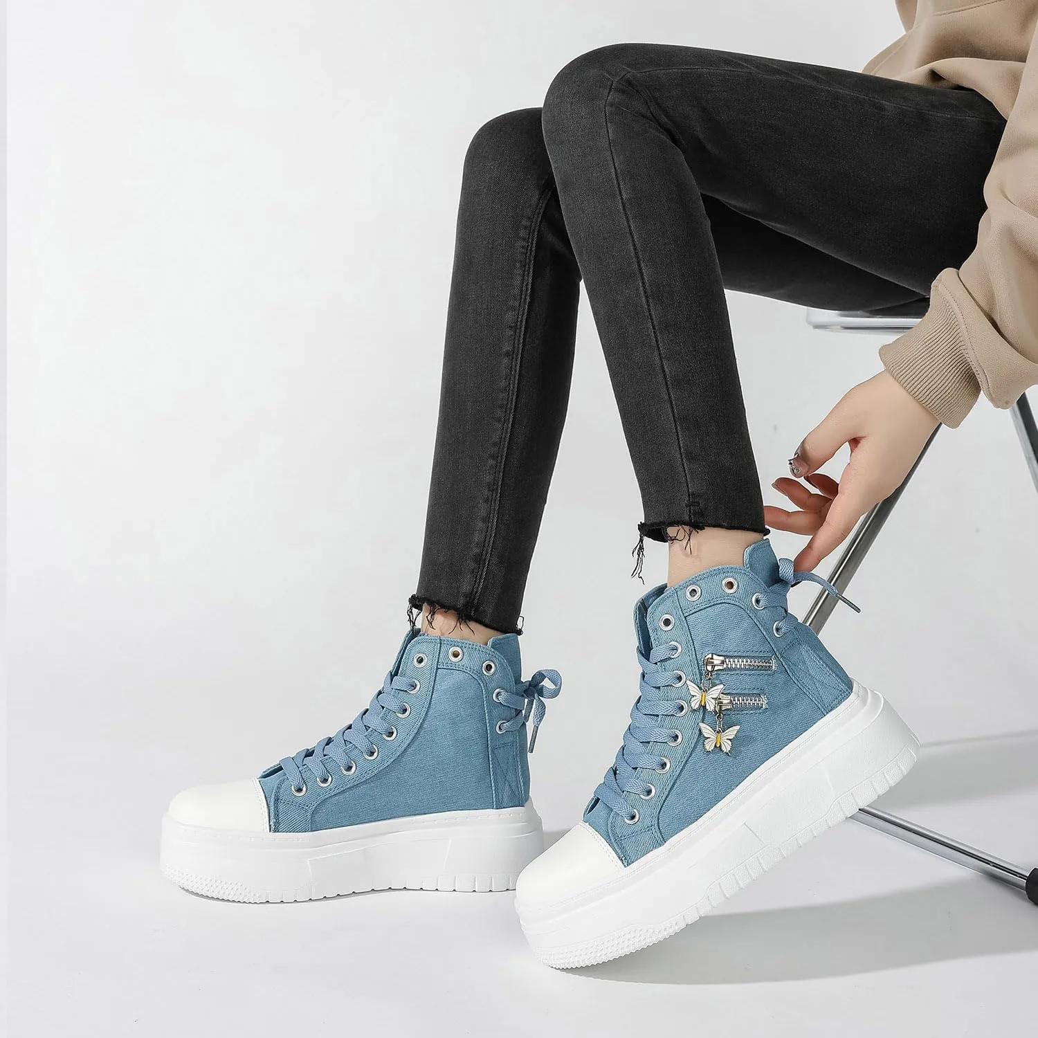 Womens High Top Sneakers Platform Metal Zipper Canvas Shoes Casual Lace up Sneakers