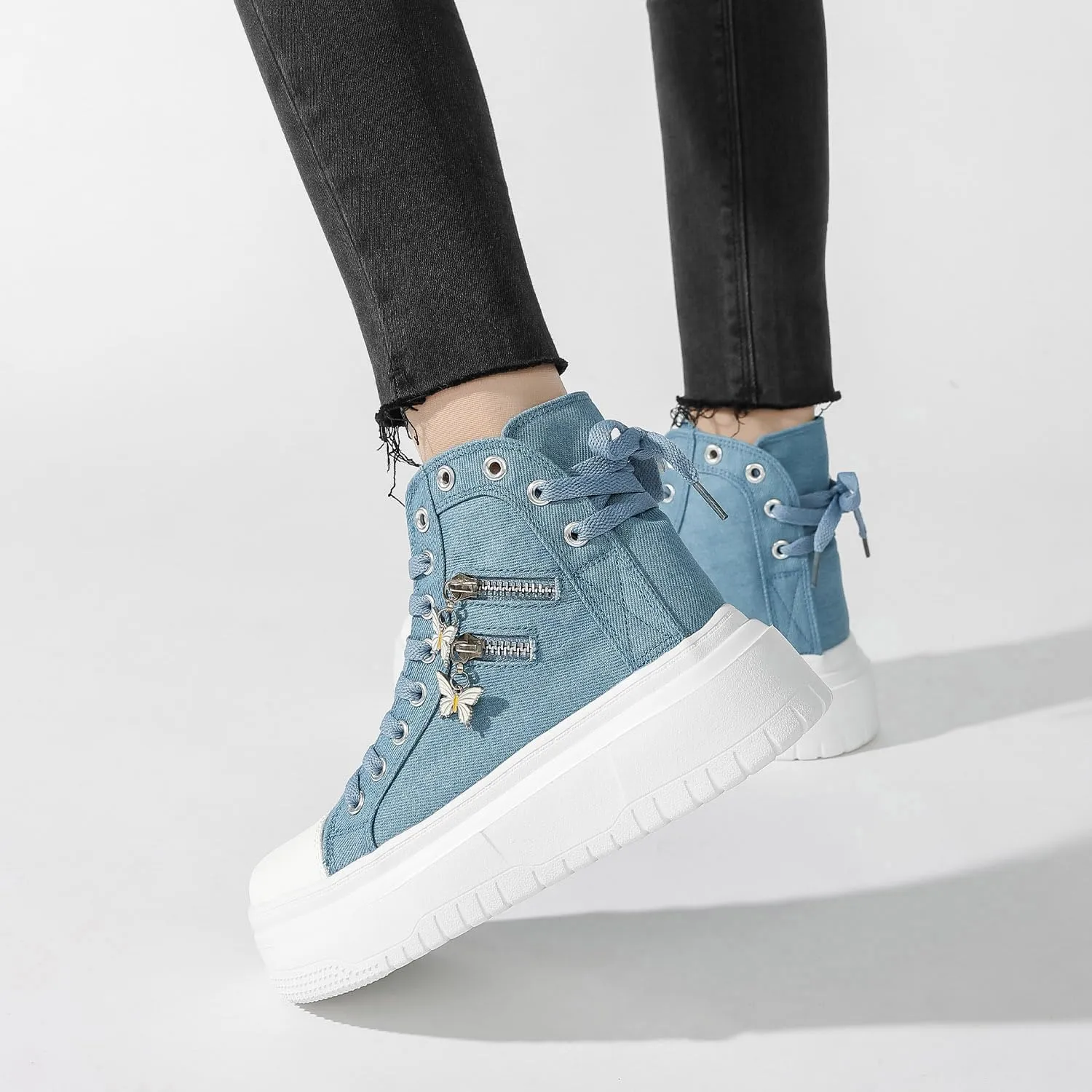 Womens High Top Sneakers Platform Metal Zipper Canvas Shoes Casual Lace up Sneakers
