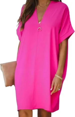 Women's Hot Pink V-Neck Short Sleeve Loose Fit Dress 2025 Summer Casual Shift Dress Spring Fashion Outfits