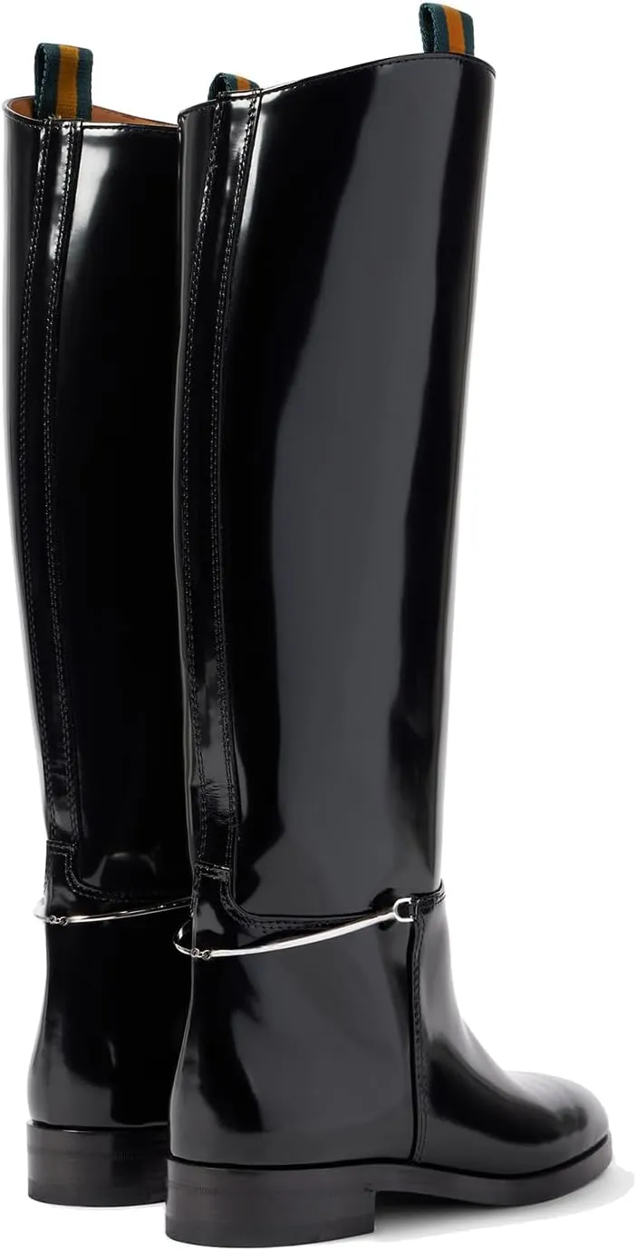 Women's Knee High Riding Boots - Pointed Toe Pull-On with Ankle Chain, Chunky 1" Heel & Patent Leather, All-Season Casual/Formal Dress Boots