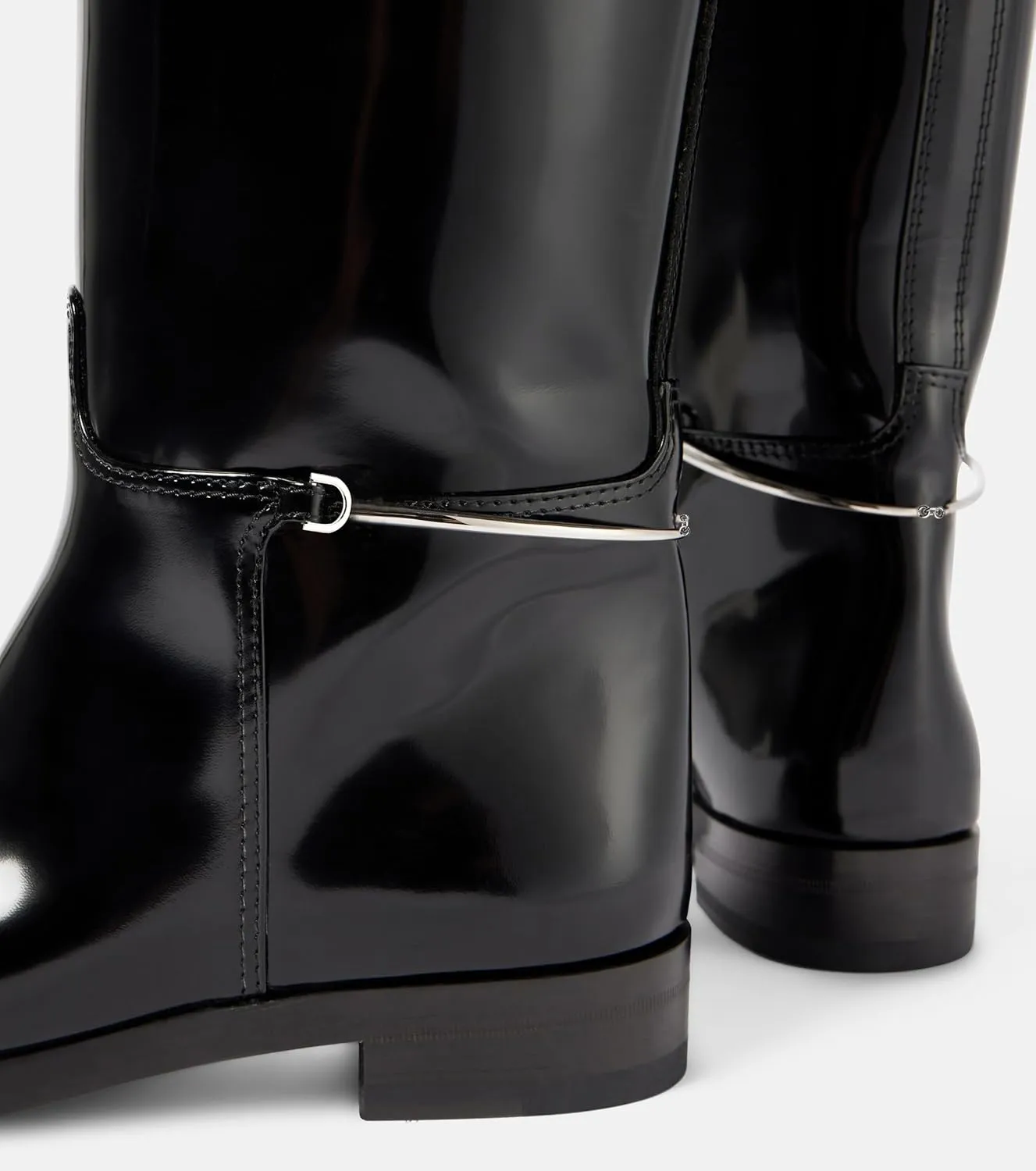 Women's Knee High Riding Boots - Pointed Toe Pull-On with Ankle Chain, Chunky 1" Heel & Patent Leather, All-Season Casual/Formal Dress Boots