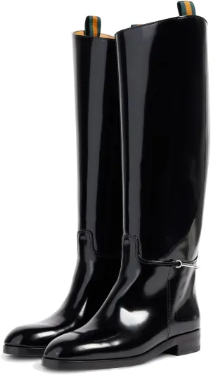 Women's Knee High Riding Boots - Pointed Toe Pull-On with Ankle Chain, Chunky 1" Heel & Patent Leather, All-Season Casual/Formal Dress Boots