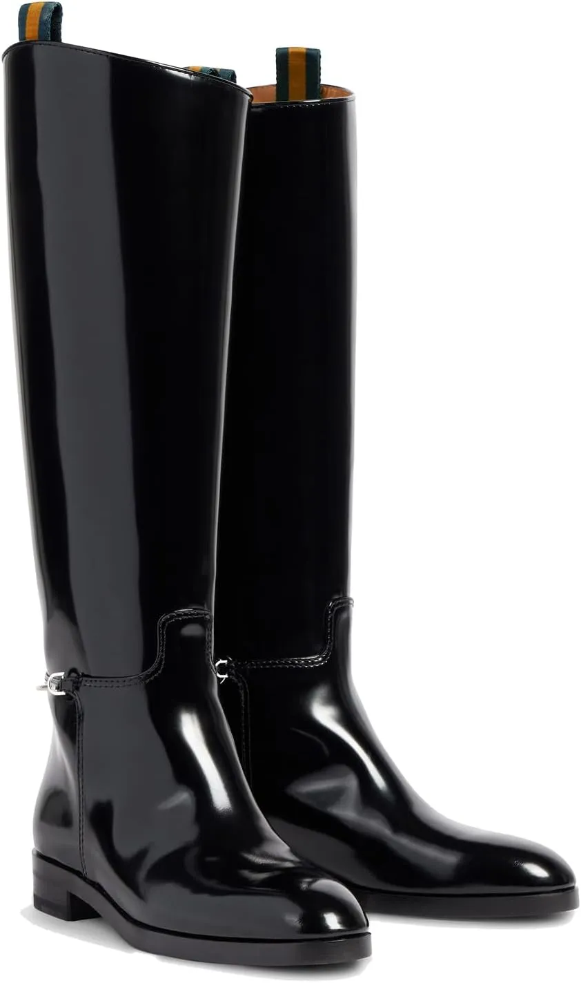 Women's Knee High Riding Boots - Pointed Toe Pull-On with Ankle Chain, Chunky 1" Heel & Patent Leather, All-Season Casual/Formal Dress Boots