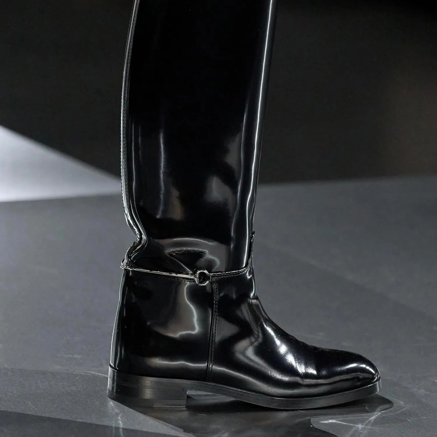 Women's Knee High Riding Boots - Pointed Toe Pull-On with Ankle Chain, Chunky 1" Heel & Patent Leather, All-Season Casual/Formal Dress Boots