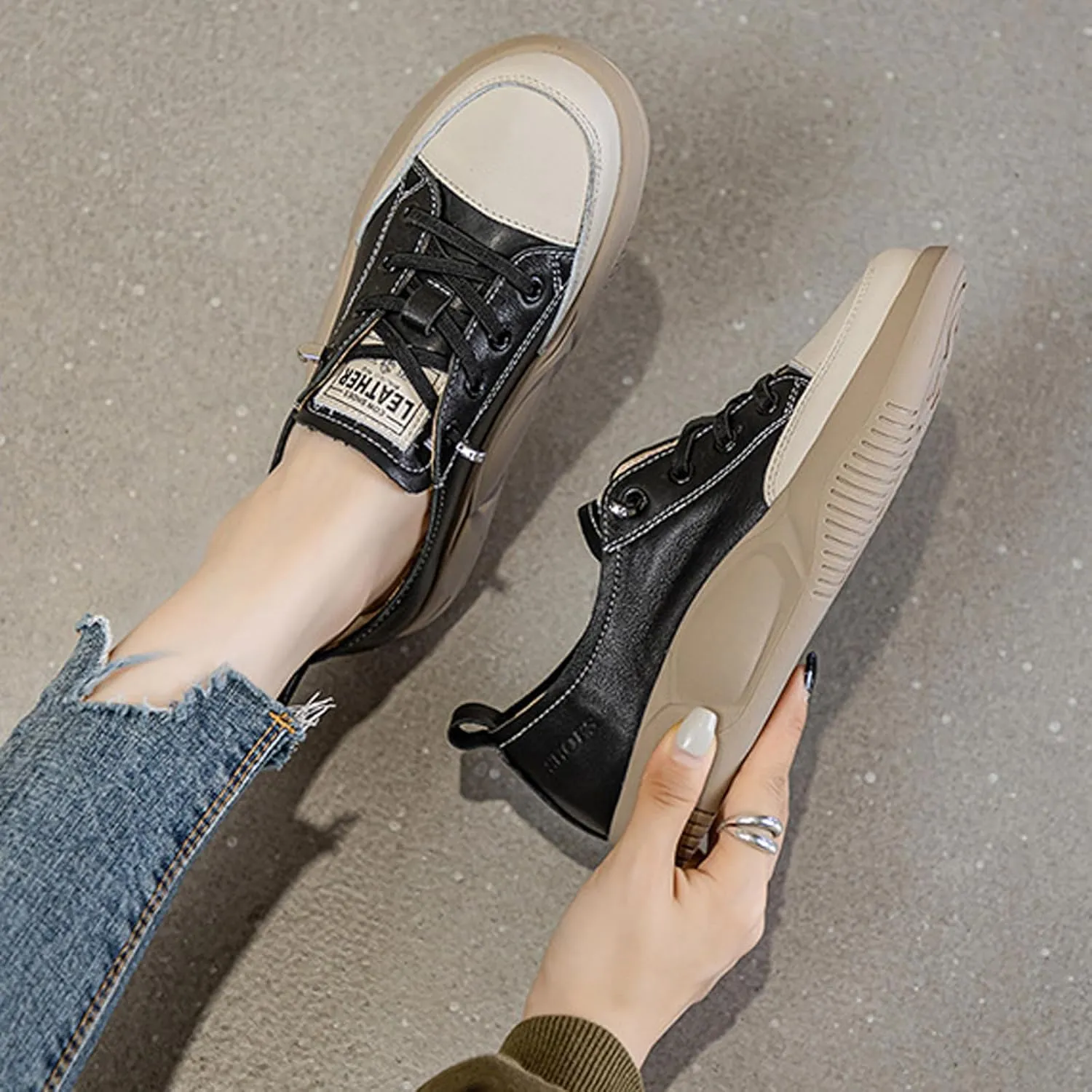 Women's Lace up Platform Increase Height Fashion Sneakers,Retro Low Top Comfort Lightweight Walking Shoes Anti-Slip Thick Soled Leather Running Sneakers