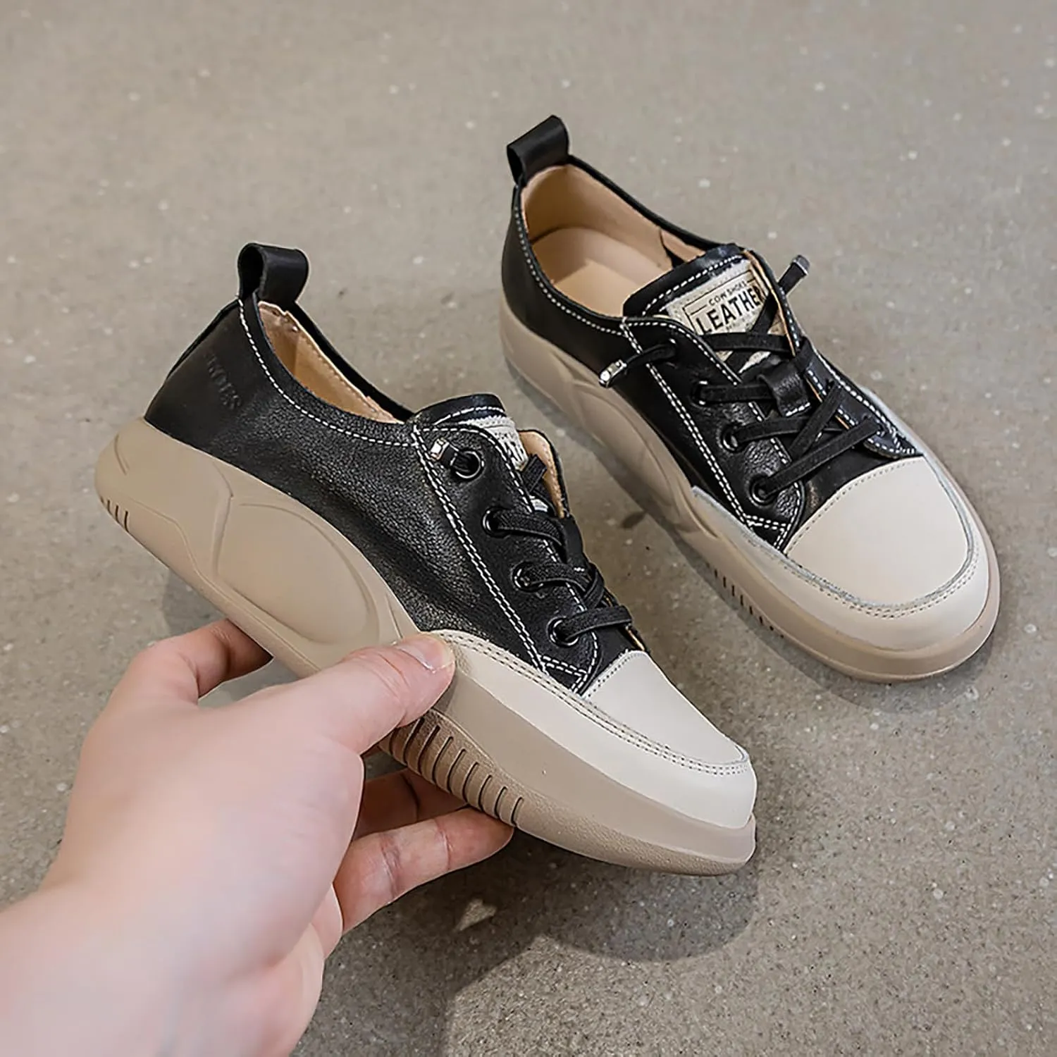 Women's Lace up Platform Increase Height Fashion Sneakers,Retro Low Top Comfort Lightweight Walking Shoes Anti-Slip Thick Soled Leather Running Sneakers