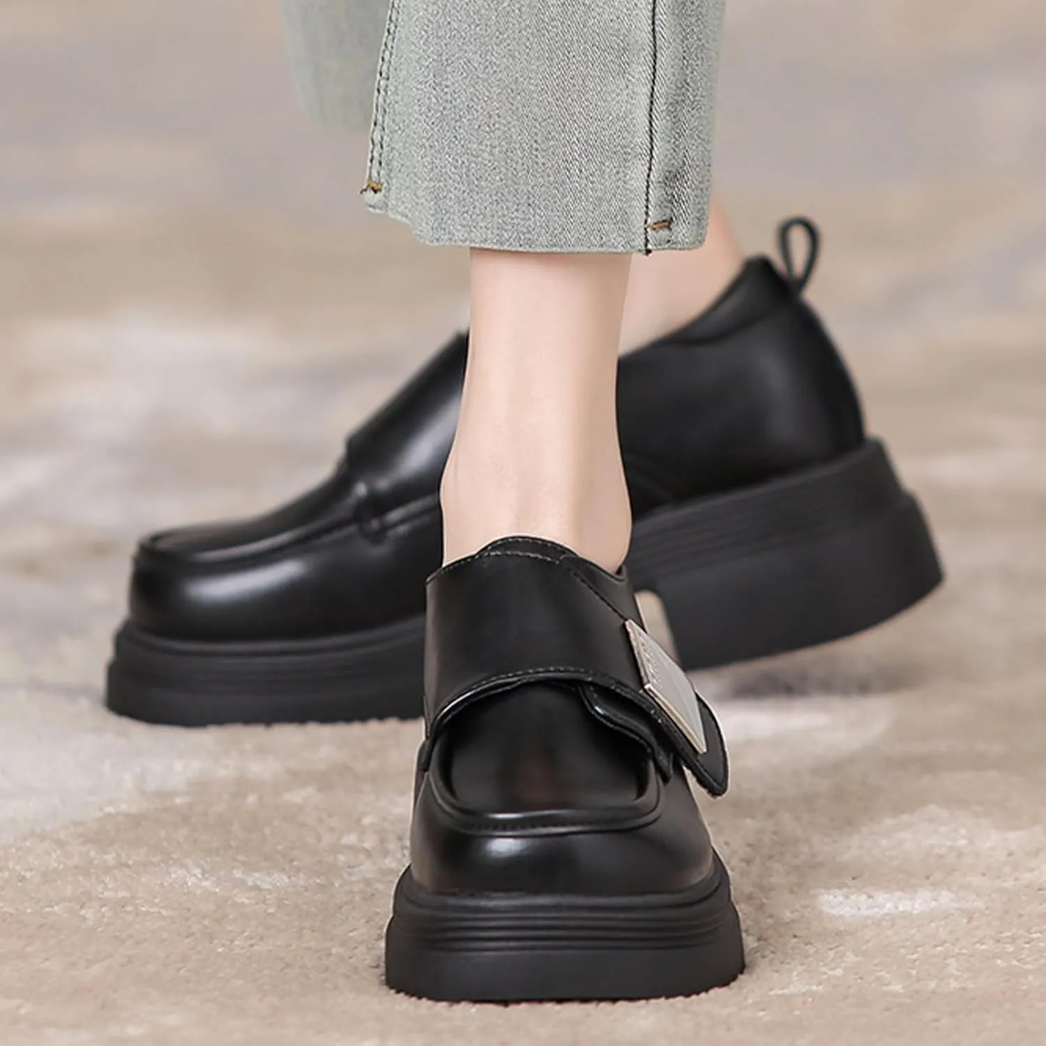 Women's Leather Monk Strap Platform Penny Loafers Luxury Round Toe Slip-On Office Business Dress Shoes Non-Slip Height Increase Daily Casual Shoes