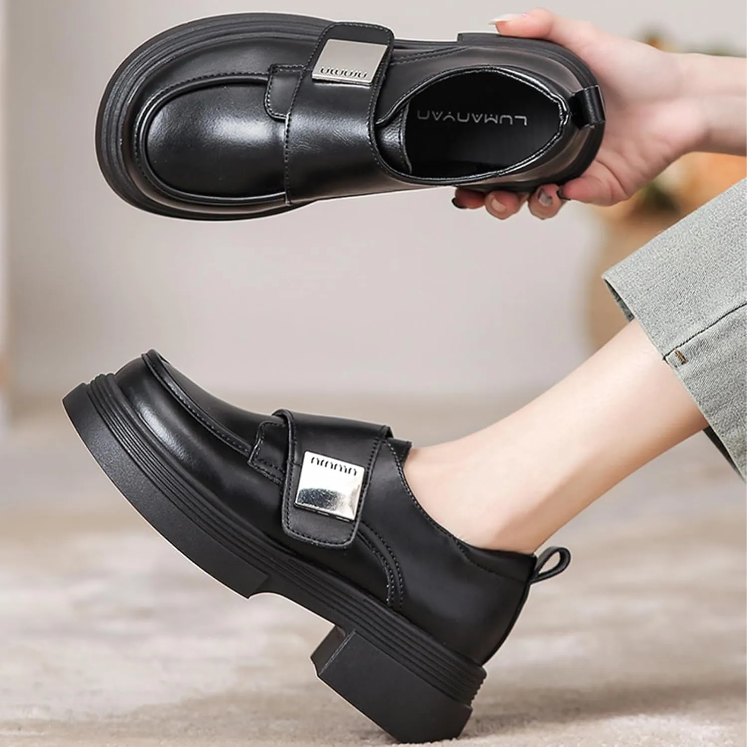 Women's Leather Monk Strap Platform Penny Loafers Luxury Round Toe Slip-On Office Business Dress Shoes Non-Slip Height Increase Daily Casual Shoes