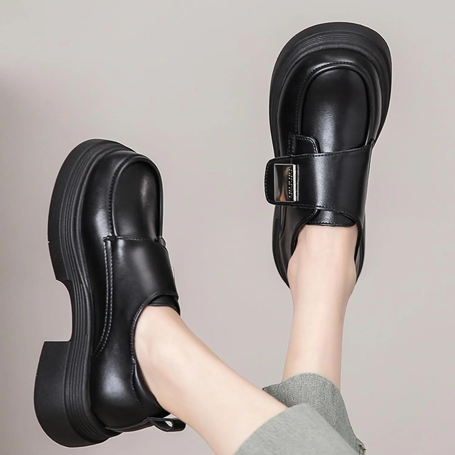 Women's Leather Monk Strap Platform Penny Loafers Luxury Round Toe Slip-On Office Business Dress Shoes Non-Slip Height Increase Daily Casual Shoes