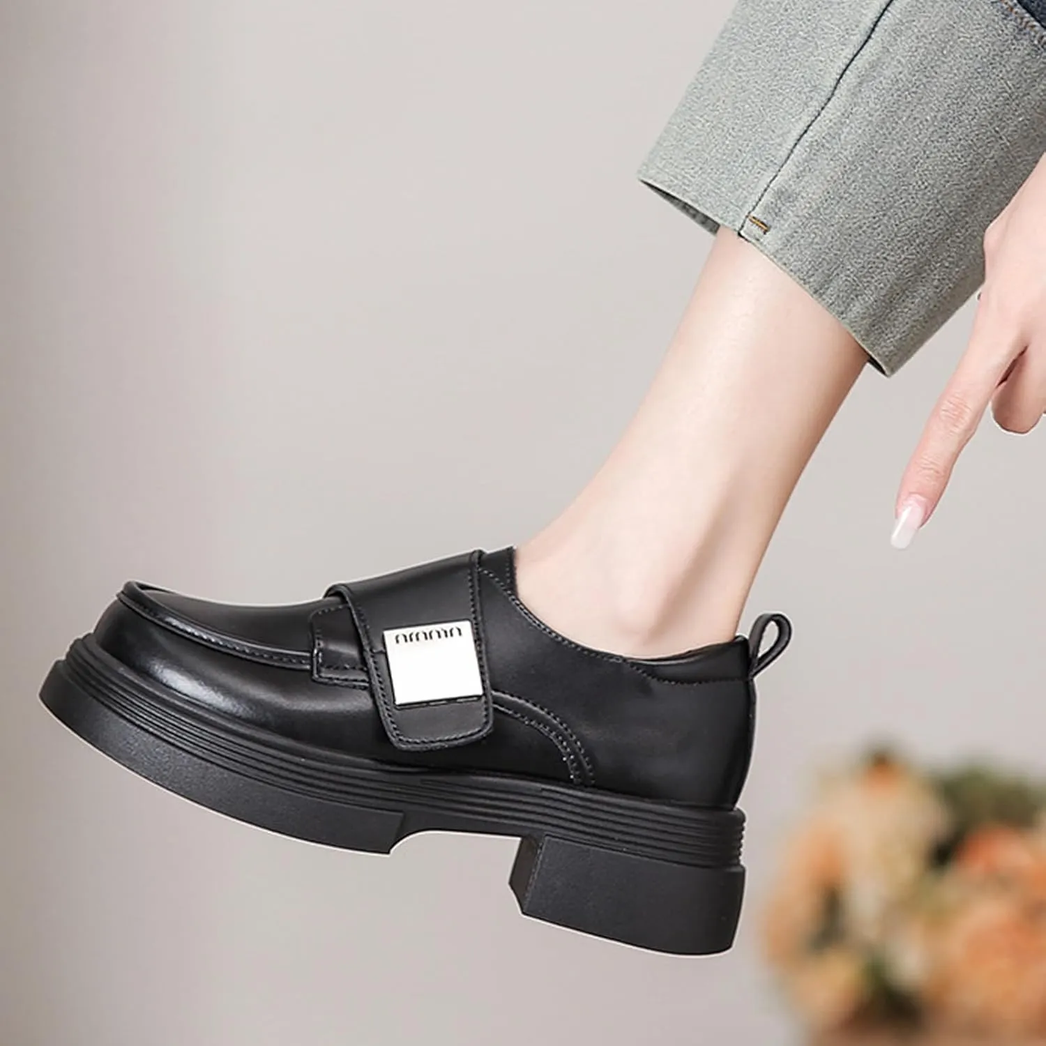 Women's Leather Monk Strap Platform Penny Loafers Luxury Round Toe Slip-On Office Business Dress Shoes Non-Slip Height Increase Daily Casual Shoes