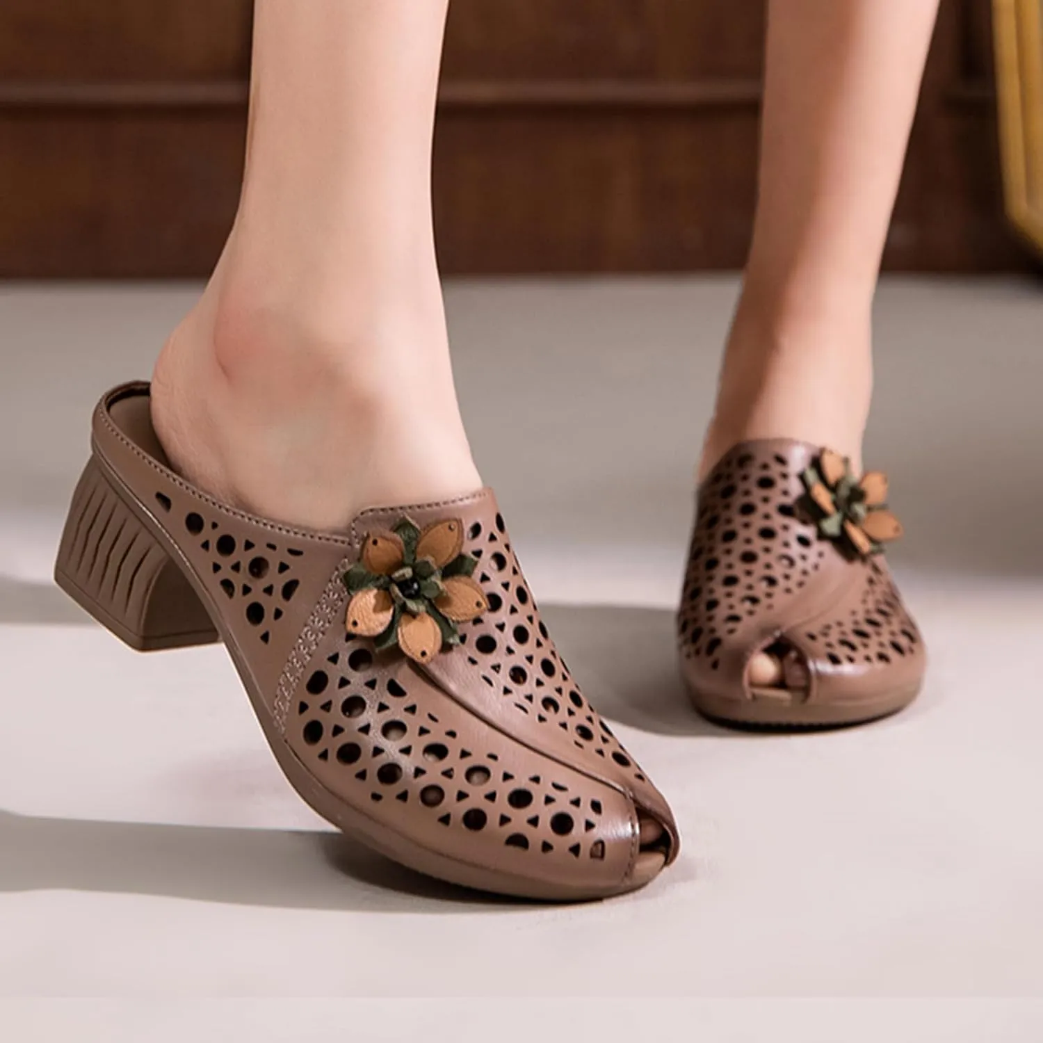 Women's Leather Peep-Toe Mules,Summer Vintage Flower Comfort Hollow Chunky Block Heel Slides Casual Dress Sandals