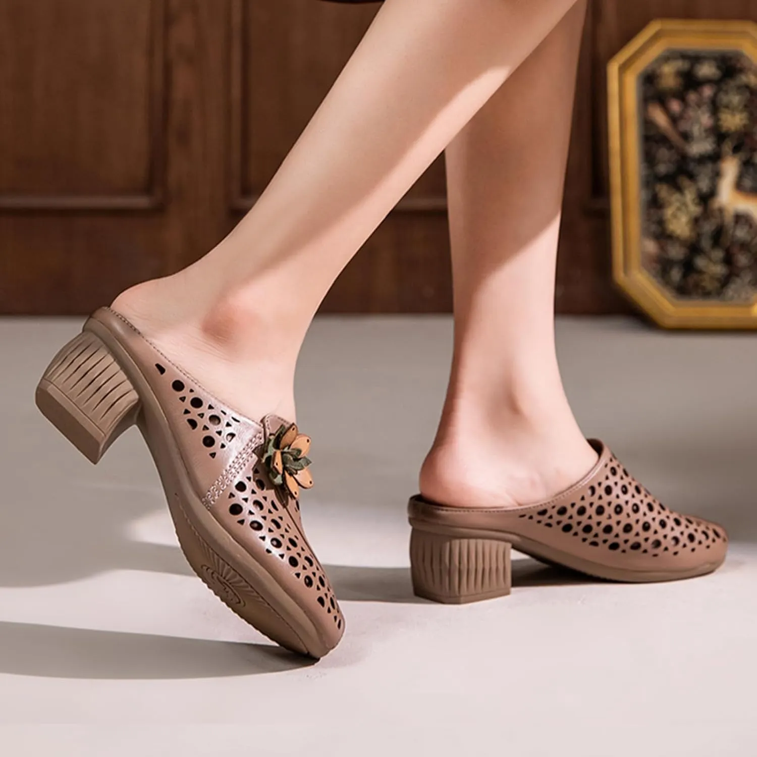 Women's Leather Peep-Toe Mules,Summer Vintage Flower Comfort Hollow Chunky Block Heel Slides Casual Dress Sandals