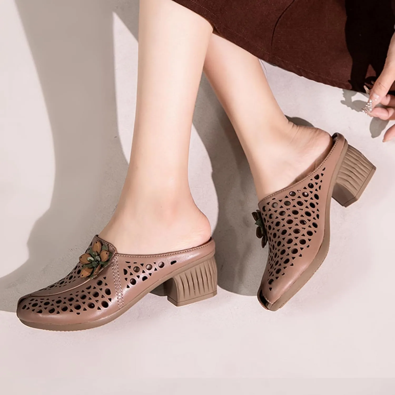 Women's Leather Peep-Toe Mules,Summer Vintage Flower Comfort Hollow Chunky Block Heel Slides Casual Dress Sandals