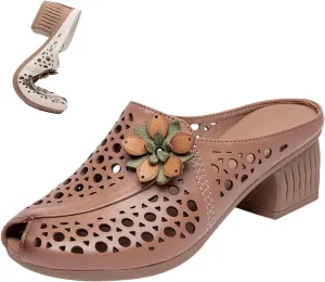 Women's Leather Peep-Toe Mules,Summer Vintage Flower Comfort Hollow Chunky Block Heel Slides Casual Dress Sandals