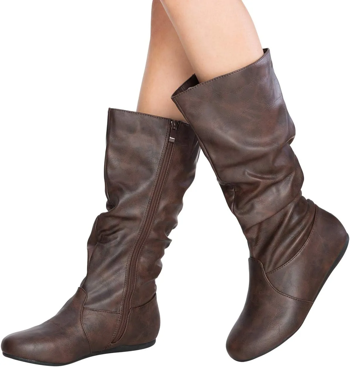 Womens Low Heel Mid-Calf Slouchy Suede Slip On Casual Boots with Side Zipper