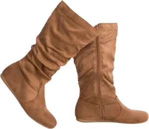 Womens Low Heel Mid-Calf Slouchy Suede Slip On Casual Boots with Side Zipper