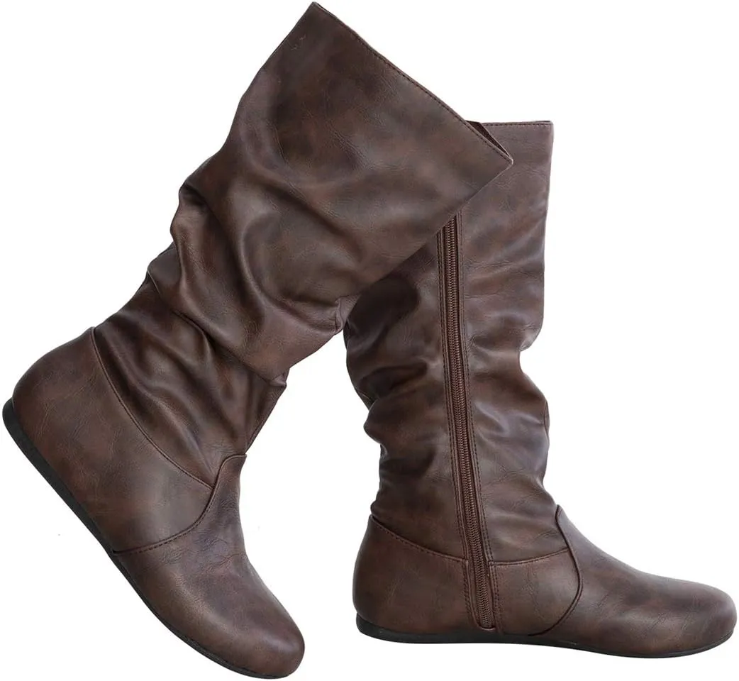 Womens Low Heel Mid-Calf Slouchy Suede Slip On Casual Boots with Side Zipper