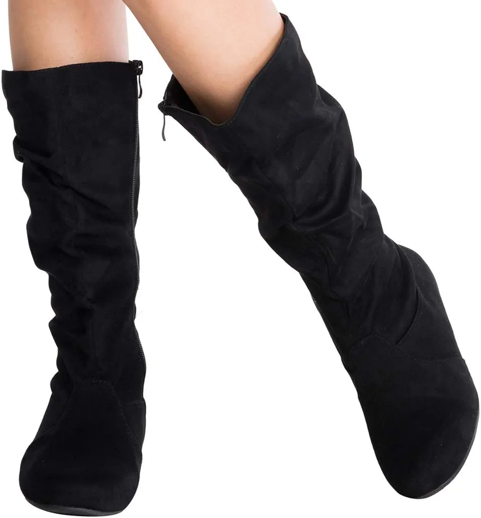 Womens Low Heel Mid-Calf Slouchy Suede Slip On Casual Boots with Side Zipper