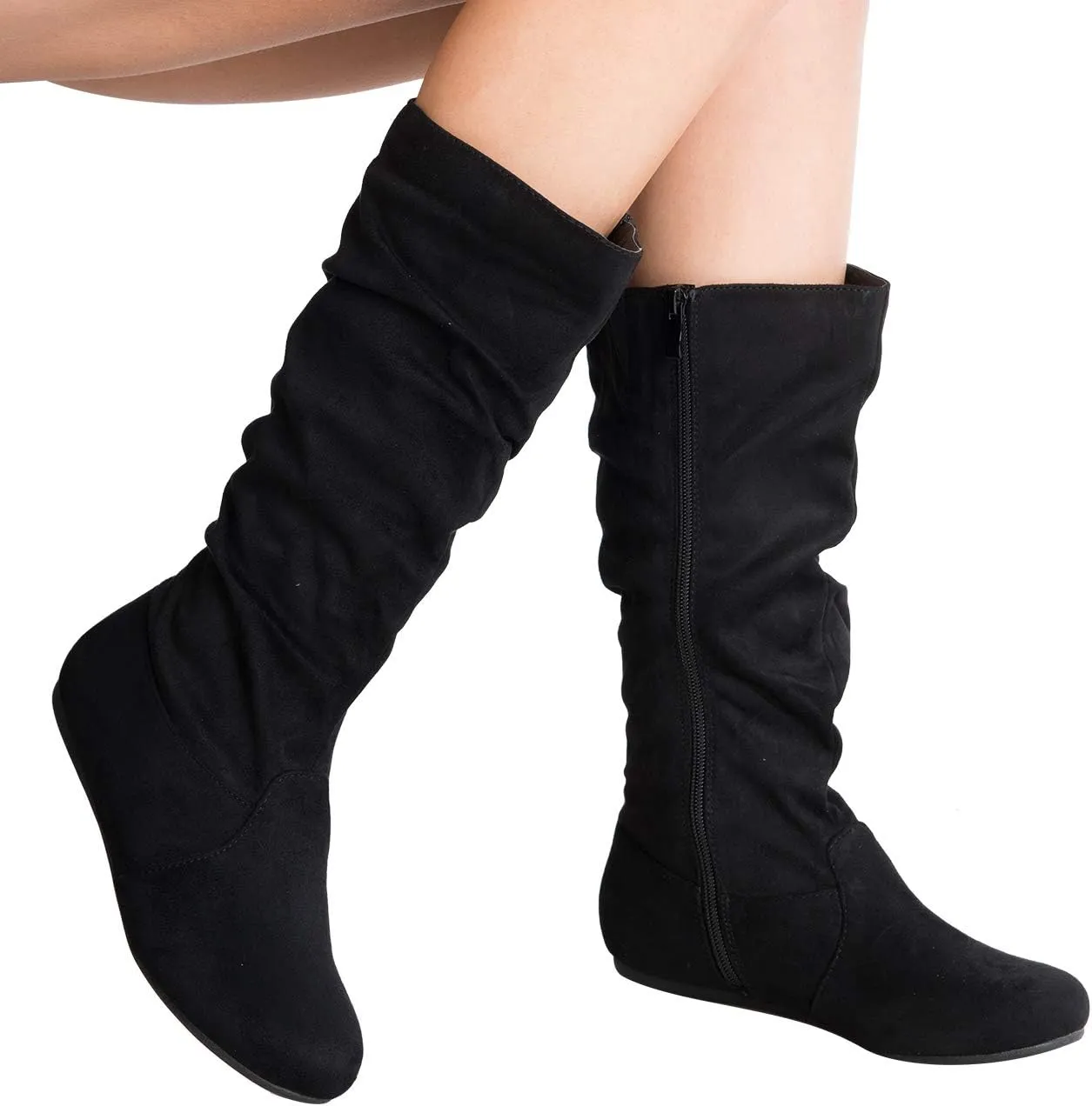 Womens Low Heel Mid-Calf Slouchy Suede Slip On Casual Boots with Side Zipper