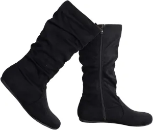 Womens Low Heel Mid-Calf Slouchy Suede Slip On Casual Boots with Side Zipper