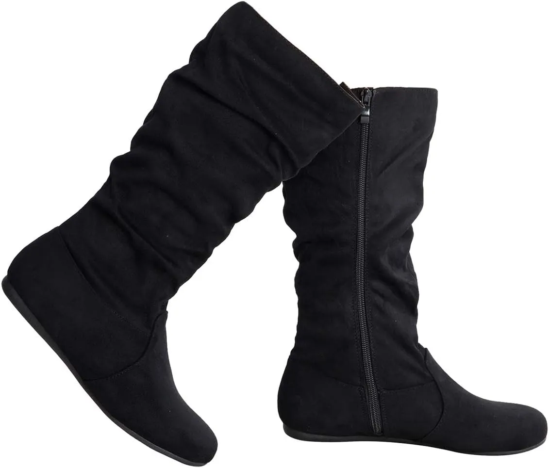 Womens Low Heel Mid-Calf Slouchy Suede Slip On Casual Boots with Side Zipper