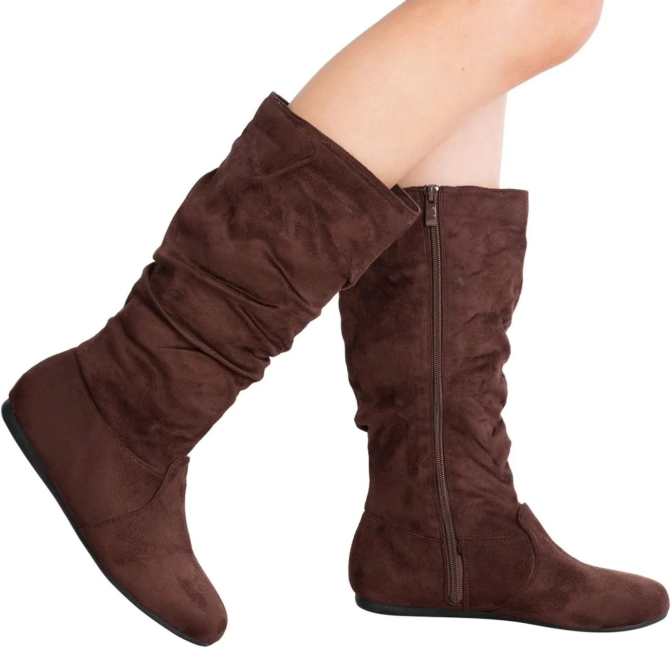 Womens Low Heel Mid-Calf Slouchy Suede Slip On Casual Boots with Side Zipper