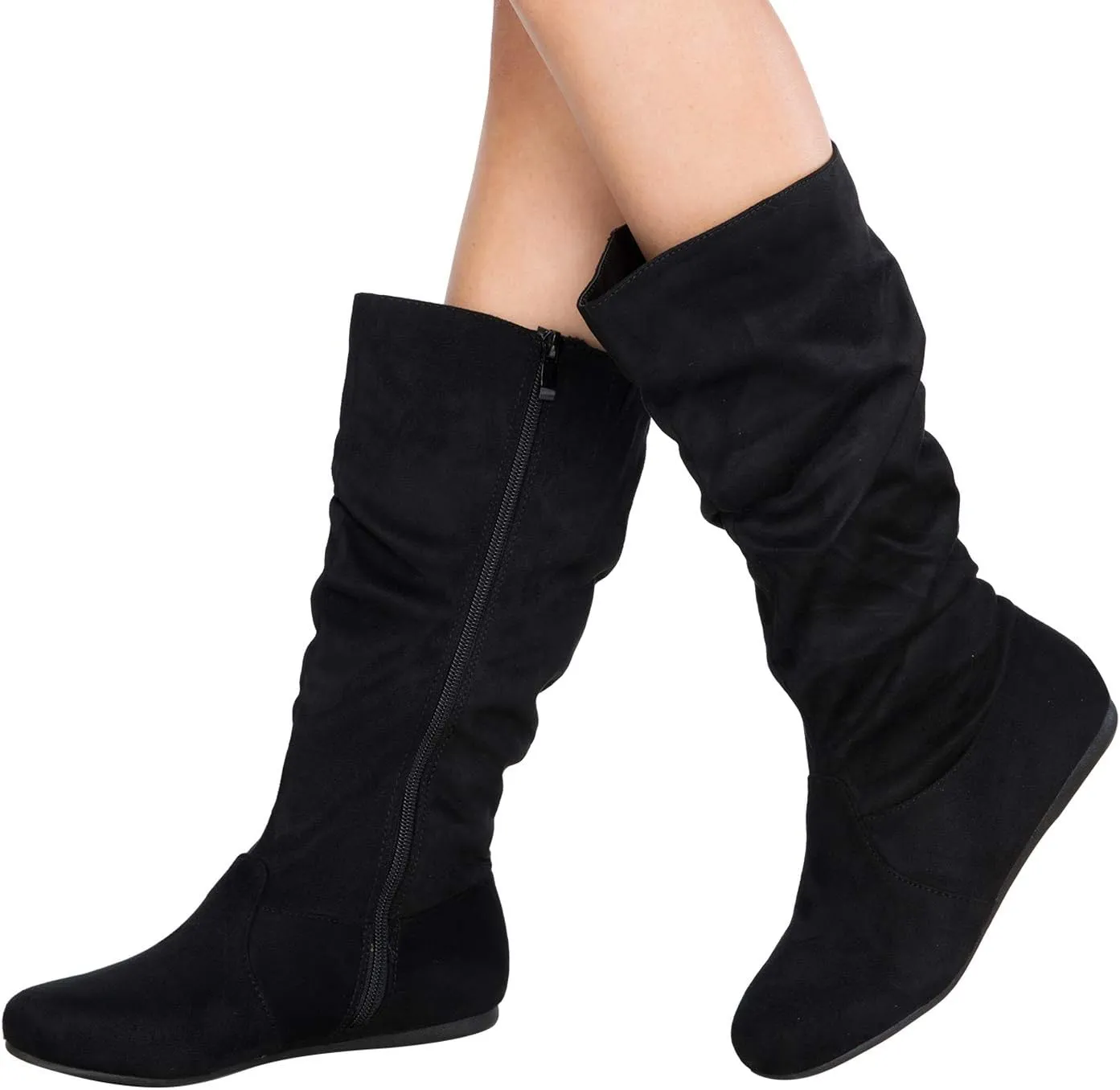 Womens Low Heel Mid-Calf Slouchy Suede Slip On Casual Boots with Side Zipper