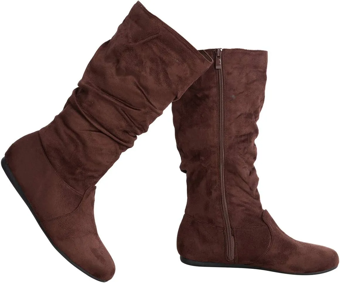 Womens Low Heel Mid-Calf Slouchy Suede Slip On Casual Boots with Side Zipper