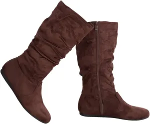 Womens Low Heel Mid-Calf Slouchy Suede Slip On Casual Boots with Side Zipper