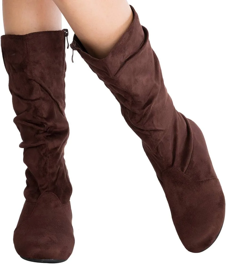 Womens Low Heel Mid-Calf Slouchy Suede Slip On Casual Boots with Side Zipper