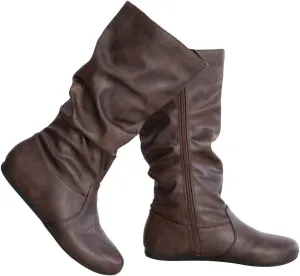 Womens Low Heel Mid-Calf Slouchy Suede Slip On Casual Boots with Side Zipper