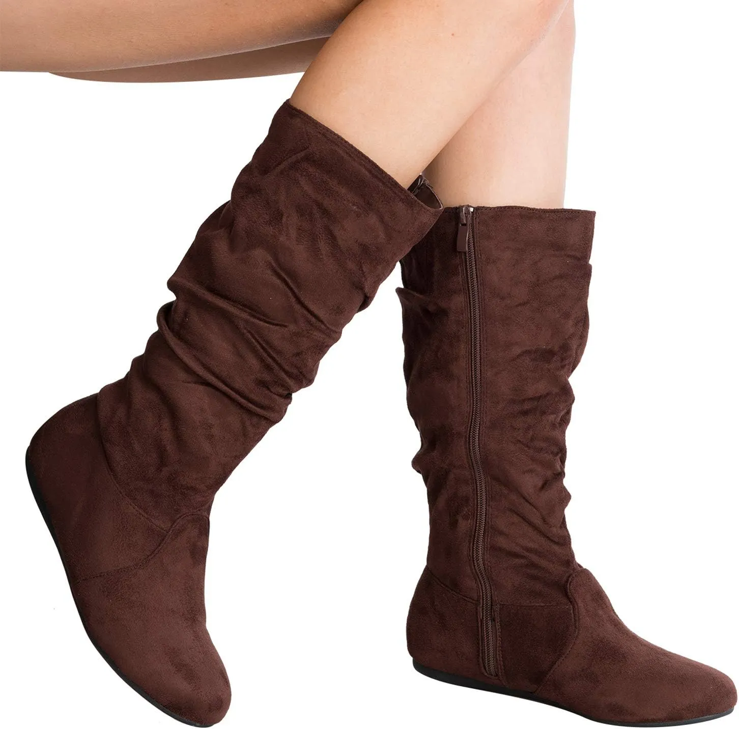 Womens Low Heel Mid-Calf Slouchy Suede Slip On Casual Boots with Side Zipper