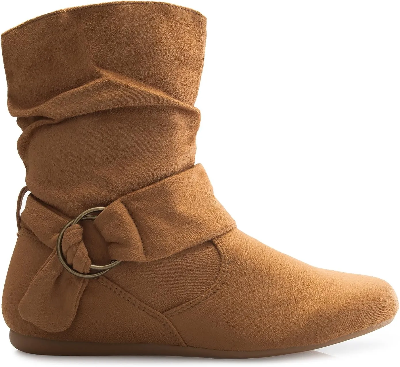 Womens Low Heel Slouch Suede Slip On Casual Ankle Boots with Ring Buckle and Side Zipper