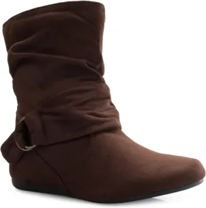 Womens Low Heel Slouch Suede Slip On Casual Ankle Boots with Ring Buckle and Side Zipper